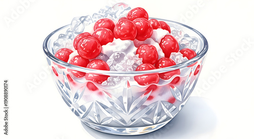 Watercolor illustration of Tub Tim Krob dessert in crystal bowl