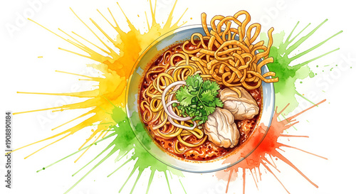 Khao soi noodle soup watercolor art with color splashes