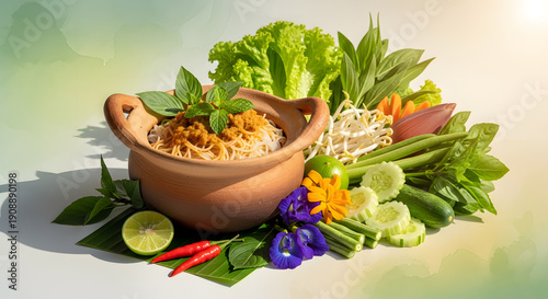 Thai rice noodles in clay pot with fresh vegetables watercolor
