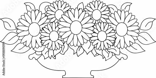 A detailed black and white illustration of sunflowers in a vase