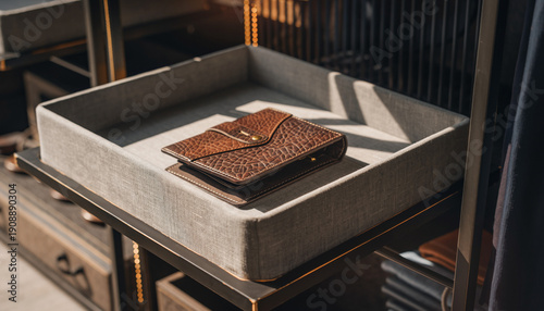 Luxury walk-in closet featuring a textured leather wallet on a fabric shelf divider. High-end interior design, organized wardrobe storage, and premium fashion accessories.