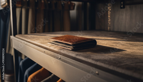 Close-up of a genuine leather wallet resting on a soft velvet shelf within a luxury wardrobe. Focus on craftsmanship, material texture, and elegant storage solutions.