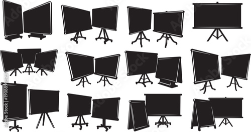 Collection of blackboards on easels in various positions arranged