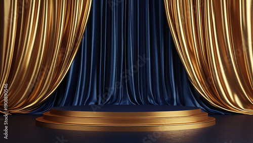 gold and navy cloth waves on circle pedestal podium for product photography background