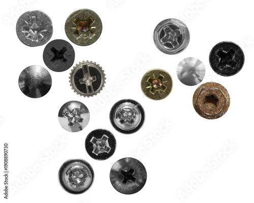 Canvas Print collection of various screws and fasteners, top-down view, isolated on a transparent background, showcasing different types and sizes of hardware, perfect for diy and construction themes