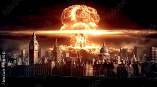 nuclear explosion war concept. City skyline with a nuclear explosion mushroom cloud in the background