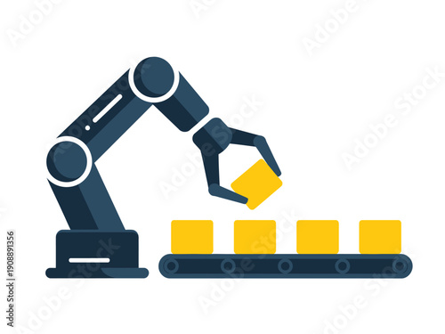 A robotic arm places a yellow box onto a conveyor belt in an industrial setting.