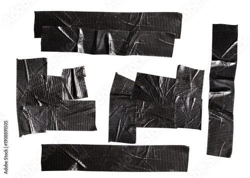 collection of black gaffer tape and duct tape pieces, showing diverse textures, creases, and reflective qualities on a dark background.