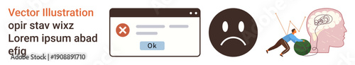 Mental health struggles, frustration, technology errors, emotional well-being, problem-solving, stress management. Visuals include an error box, sad emotion and brain with weight. Mental health