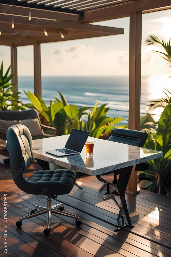 Obraz premium Modern outdoor home office with laptop on a terrace, tropical plants and ocean view, hybrid work and remote lifestyle concept