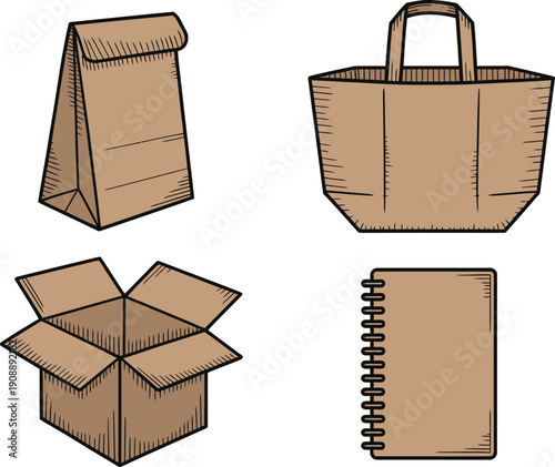 Eco packaging vector illustration, sustainable paper bag, tote bag, cardboard box, and notebook icons representing zero waste, eco-friendly packaging, green branding, and environmentally conscious pro