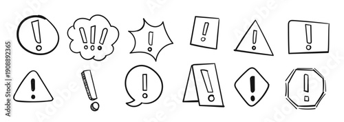 Hand drawn exclamation mark, alert sign set. doodle exclamation point, warning, hazard