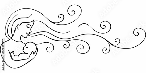 Elegant black and white illustration of a woman s profile with swirling hair