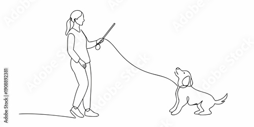 A continuous line drawing depicts a woman walking her beagle dog