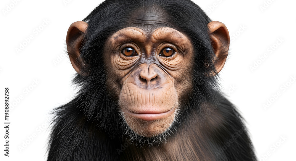 Fototapeta premium A friendly young chimpanzee poses for a close-up studio portrait, showing its expressive face and dark fur against a clean white backdrop
