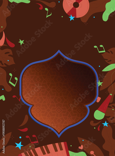 abstract brown background with musical instrument ornaments