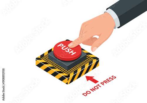 An isometric illustration capturing the irresistible urge of human curiosity as a hand reaches to press a red button labeled "Push," directly ignoring the contradictory "Do Not Press" warning below