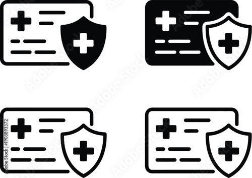 Medical insurance card icon set, healthcare concept vector symbols featuring health ID card, coverage, hospital, shield, cross, and patient protection icons for medical services, clinics, apps, and in