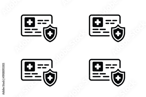 Medical insurance card icon set, healthcare concept vector symbols featuring health ID card, coverage, hospital, shield, cross, and patient protection icons for medical services, clinics, apps, and in