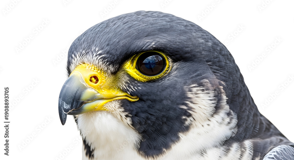 Fototapeta premium Close-up portrait of a majestic peregrine falcon head with intense yellow eyes, isolated on a white background