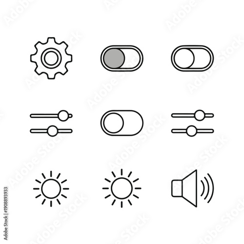 A flat lay of various black line icons on a clean white background, featuring a gear, toggle switches, sliders, sun symbols, and a speaker, conveying a technical and informative mood.