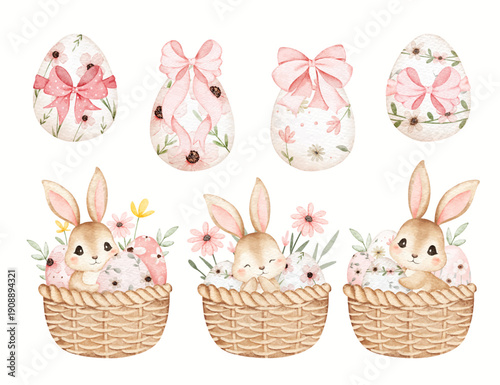 Watercolor Illustration Set of Easter Bunny and Easter Eggs in Basket with Floral Decoration