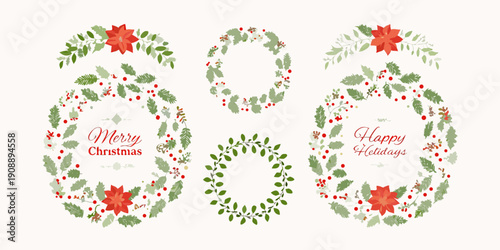 Watercolor christmas wreath collection with festive greetings and poinsettia flowers