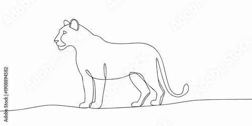 One continuous line drawing of a majestic mountain lion in profile