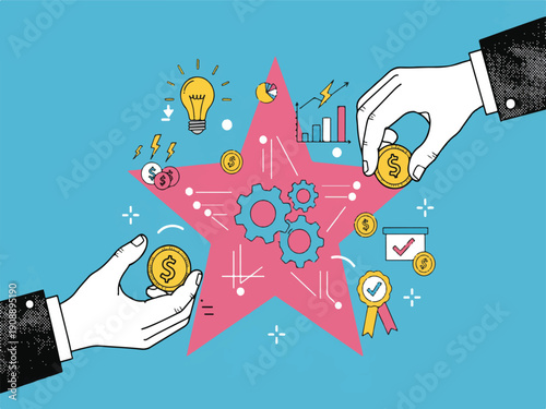 Business growth concept with hands exchanging coins and star shaped gears and graphs  business partnership and financial success