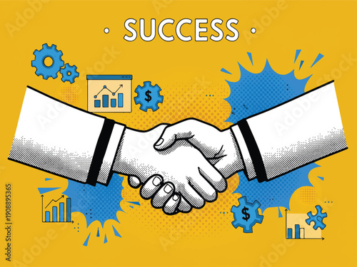 Business partnership handshake success concept with graphs and gears on yellow background