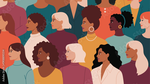 Diverse Women Community Standing Together, Flat Vector Illustration