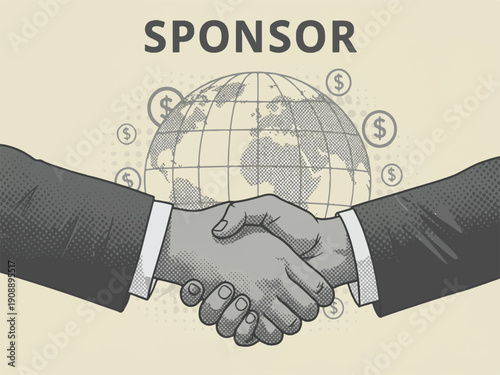 Business partnership handshake with globe and dollar symbols  sponsorship concept