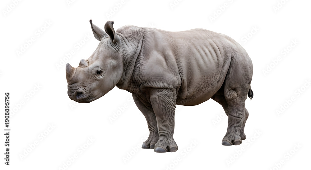 Fototapeta premium Majestic African rhinoceros standing in profile, a powerful wild animal isolated on a clean white background for conservation concepts