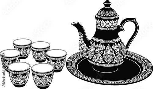 Black Tea Set with Cups on Decorative Tray