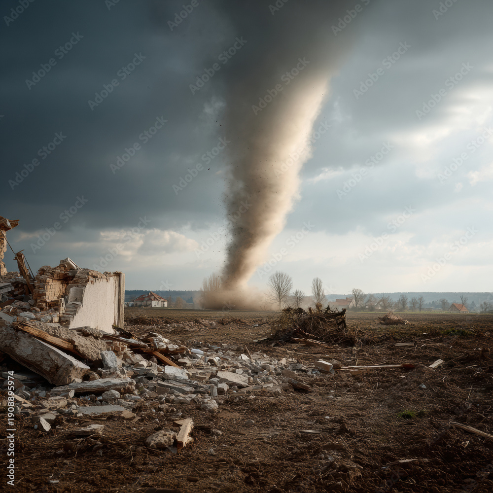 Fototapeta premium Powerful tornado demolishing countryside farm with debris scattered under dark stormy sky creating dramatic and intense atmosphere