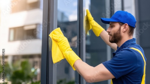 A maintenance worker in a blue uniform with yellow gloves cleanly wipes a glass door outside a modern building