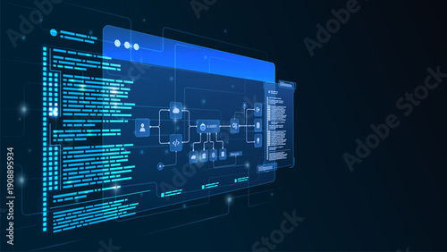 AI workflow automation artificial intelligence. ai agent network diagram dashboard machine learning flow process, coding and automation system.