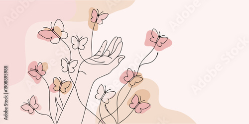 A delicate illustration of a hand reaching for butterflies and floral elements