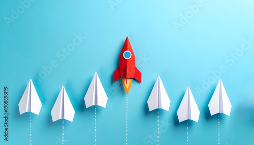 Paper rocket flying ahead of others, illustrating leadership, progress, startup launch, and strategic vision.