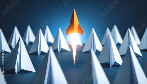 Futuristic paper art rockets launching into space, symbolizing creativity, technology advancement, and business success.