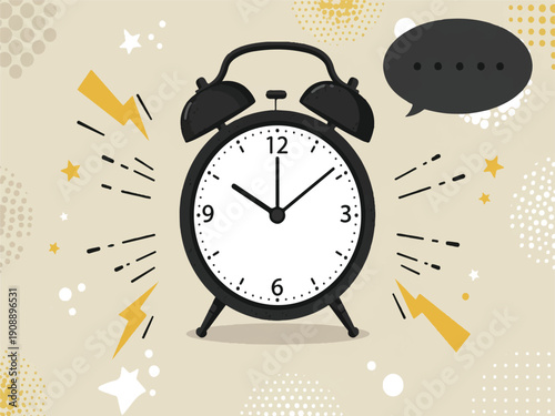 Cartoon style alarm clock ringing with speech bubble and motion lines on beige background with stars and dots  time concept