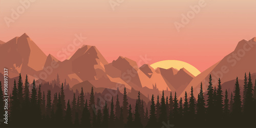 Breathtaking mountain landscape at dawn and dusk featuring a misty forest valley under a glowing orange sky with soft clouds and sun light casting deep silhouettes over the hills