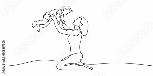 A mother playfully lifts her baby into the air in a single line drawing