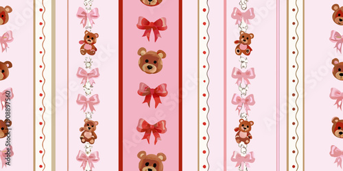 Seamless pattern of teddy bears and bows on a pink background