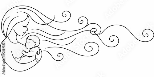 A mother lovingly cradles her baby in a swirling line art design