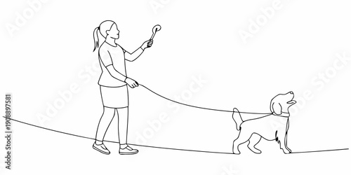 A woman walking a beagle dog on a leash in a continuous line drawing
