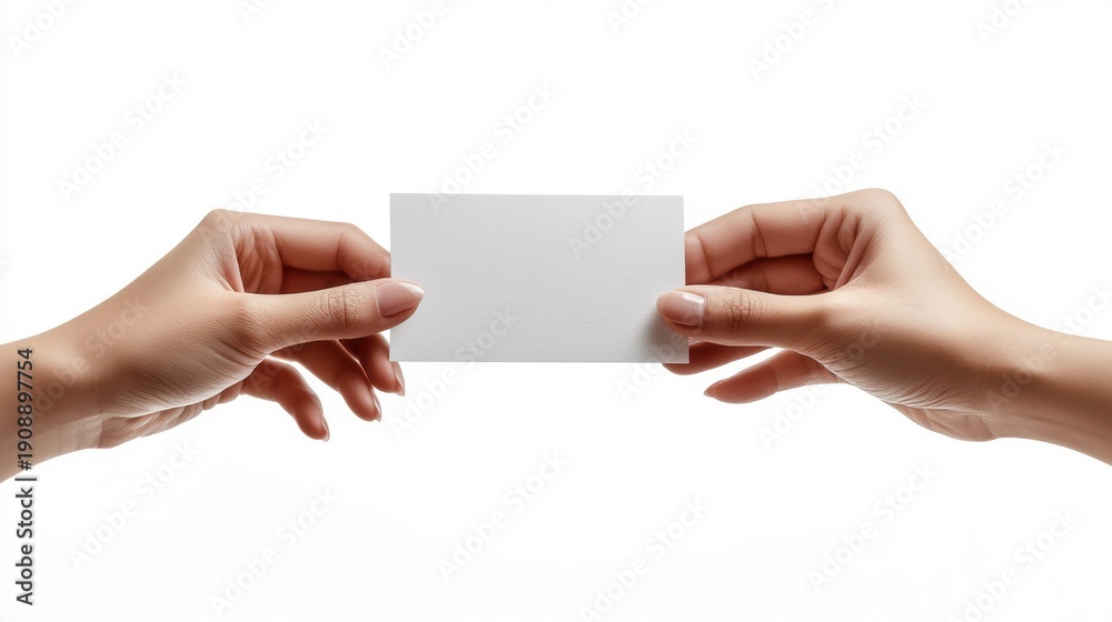 Obraz premium Two distinct hands, one from each side, gently present a crisp, blank white business card horizontally, offering ample space for custom branding on a pure white background.