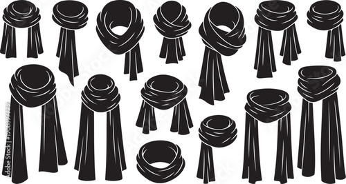 Various black scarf styles and folds illustration set