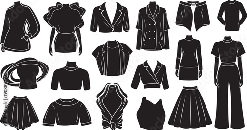 Collection of various clothing items and fashion accessories silhouettes