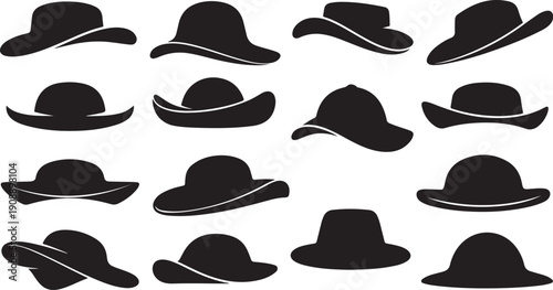 Collection of Various Black Hats on White Background Silhouettes